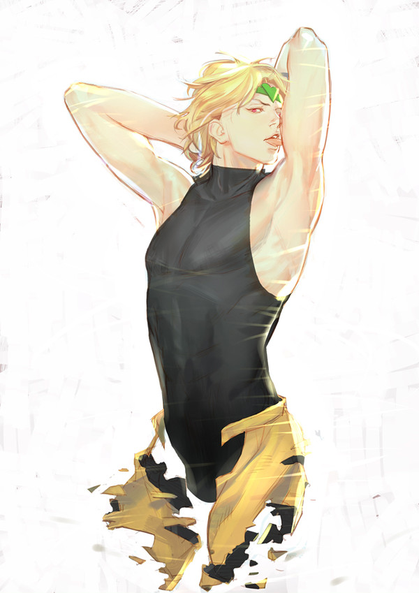 1boy armpits arms_behind_head arms_up bare_shoulders black_leotard blonde_hair dio_brando headband heart heart_headband jojo_no_kimyou_na_bouken krabat leotard pants red_eyes stardust_crusaders tongue tongue_out torn_clothes torn_pants yellow_pants