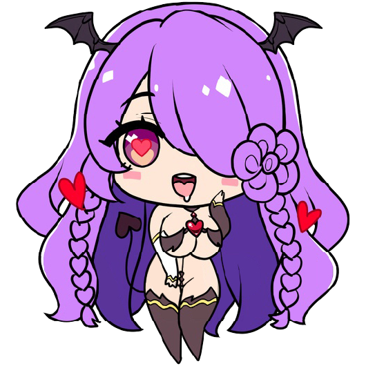 1girl :d aroused asymmetrical_sleeves bad_id bad_source blush boots braid breasts chibi chibi_only cleavage deformed demon_girl demon_tail derauea drooling flower-shaped_hair hair_over_one_eye hand_on_own_cheek hand_on_own_face hand_on_own_thigh head_wings heart heart-shaped_pupils heart_in_eye large_breasts long_hair looking_at_viewer lunalilia_loveknot milk_factory mismatched_sleeves motto!_haramase!_honoo_no_oppai_isekai_oppai_maid_gakuen! multiple_braids official_art open_mouth purple_eyes purple_hair smile solo standing symbol-shaped_pupils symbol_in_eye tail thigh_boots tongue tongue_out transparent_background wings