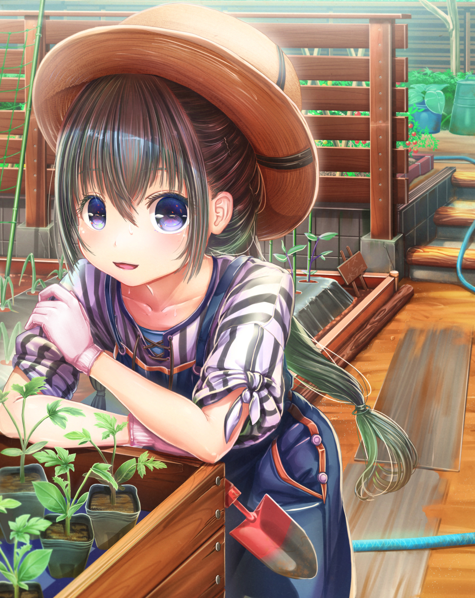 1girl aiuabo blue_eyes crossed_arms day dirt female_focus garden gloves green_hair hair_between_eyes hat highres hose leaf leaning_forward long_hair looking_at_viewer original overalls pink_gloves plant potted_plant shirt short_sleeves solo spade standing striped_clothes striped_shirt sunlight sweat tomato translated