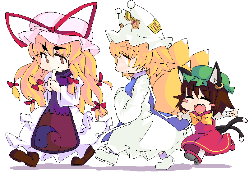 3girls animal_ears blonde_hair blue_tabard blush_stickers bow brown_eyes brown_hair brown_shoes cat_ears cat_girl cat_tail chen closed_eyes closed_mouth commentary_request dress fang fox_girl fox_tail full_body hair_bow hat hat_ribbon kitsune kyuubi long_hair mob_cap mori_shin_risuku multiple_girls multiple_hair_bows multiple_tails oekaki open_mouth red_bow red_dress red_ribbon red_shoes ribbon running shoes short_hair simple_background smile tabard tail touhou two_tails white_background white_dress white_hat white_shoes yakumo_ran yakumo_yukari yellow_bow yellow_eyes yin_yang yin_yang_print