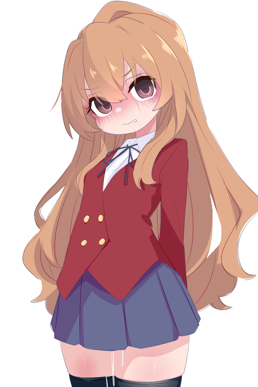 1girl aisaka_taiga arms_behind_back bluesky_username blush breasts brown_eyes brown_hair commentary_request cowboy_shot cum cumdrip highres jacket kukuchi581 miniskirt oohashi_high_school_uniform petite pleated_skirt red_jacket school_uniform skirt small_breasts solo thighhighs toradora! zettai_ryouiki