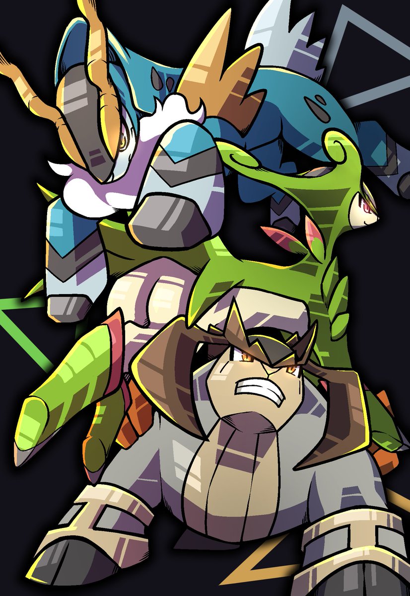 animal_focus black_background blue_skin brown_eyes closed_mouth cobalion colored_skin commentary_request gen_5_pokemon green_skin highres horns legendary_pokemon meruru_gu nintendo no_humans pokemon pokemon_(creature) simple_background smile teeth terrakion virizion yellow_eyes