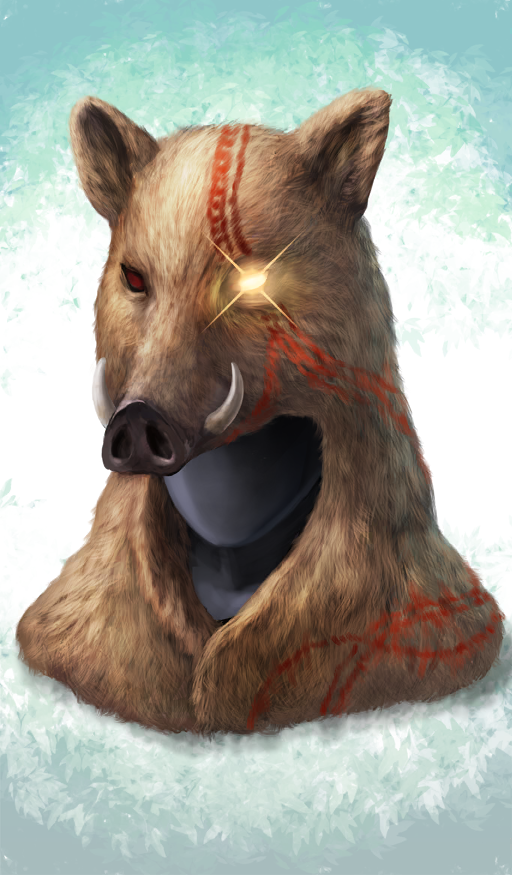 animal_hood aqua_background boar chocolate_lady_no_karasawagi clothes_focus commentary fate/grand_order fate_(series) glowing glowing_eye hood lasengle no_humans official_art pelt sparkle still_life third-party_source tusks unworn_headwear