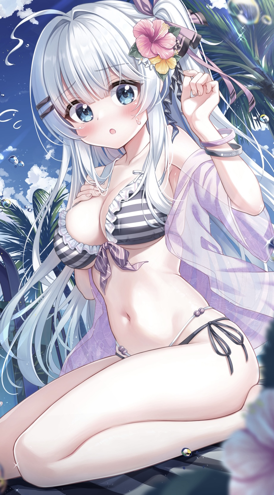 1girl :o ahoge barefoot bikini black_bikini blue_eyes blue_sky blunt_bangs blurry cloud cloudy_sky collarbone day depth_of_field dutch_angle floating_clothes floating_hair flower flying_sweatdrops frilled_bikini frills furrowed_brow hair_between_eyes hair_flower hair_intakes hair_ornament hairclip hand_on_own_chest hand_up highres kneeling light_blush looking_at_viewer multicolored_bikini multiple_wristbands navel off_shoulder on_rock one_side_up open_clothes open_mouth open_shirt original outdoors palm_tree pink_flower purple_shirt see-through_clothes shirt sidelocks sky spaghetti_strap summer sweat swimsuit tareme tree two-tone_bikini tyutaka0427 water_drop white_bikini white_hair yellow_flower