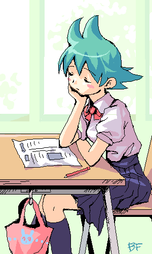 1girl animal_print anime_coloring archived_source armrest artist_name black_skirt black_socks blush_stickers bow bowtie chair classroom closed_eyes closed_mouth collared_shirt commentary_request desk green_background green_hair hair_tuft hand_on_own_chin head_rest indoors jaggy_lines jin_so-hee kneehighs korean_commentary lowres mechanical_pencil moon_knights oekaki paper pencil pink_bag pleated_skirt print_bag puffy_short_sleeves puffy_sleeves rabbit_print red_bow red_bowtie school_chair school_desk shirt short_sleeves signature sitting skirt socks solo white_shirt white_sleeves window wing_collar