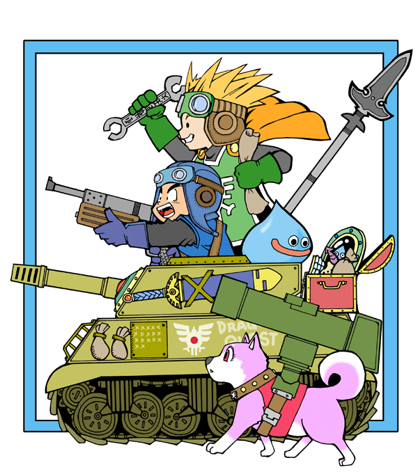 1980s_(style) 1girl 2boys blonde_hair blue_gloves commentary_request crossover dog dragon_quest dragon_quest_ii gloves goggles helmet m4_sherman metal_max military military_vehicle millipen_(medium) motor_vehicle multiple_boys oldschool outside_border pen_(medium) pilot_helmet polearm prince_of_lorasia prince_of_samantoria princess_of_moonbrook retro_artstyle shiba_inu short_hair slime_(dragon_quest) spear spiked_hair sword tank traditional_media treasure_chest walking weapon