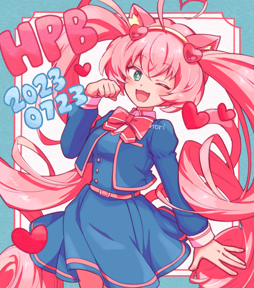 1girl ;d ahoge alternate_costume animal_ears artist_name belt blue_border blue_jacket blue_skirt border bow bowtie bright_pupils cat_ears cat_girl cat_tail chiyo_nori cowboy_shot dated fang green_eyes hair_ornament hairband happy_birthday heart heart_ahoge heart_hair_ornament jacket long_hair looking_at_viewer one_eye_closed open_mouth outside_border paw_pose pink_hair red_bow red_bowtie rosia_(show_by_rock!!) show_by_rock!! signature skirt smile solo standing tail twintails white_background white_pupils yellow_hairband