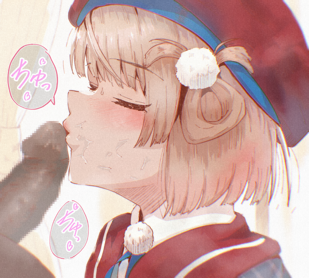1boy 1girl after_fellatio barichieiro beret blonde_hair blush closed_eyes clothed_female_nude_male hair_ornament hair_rings hat indie_virtual_youtuber kiss kissing_penis nude pinstripe_jacket pinstripe_pattern pom_pom_(clothes) pom_pom_hair_ornament red_sailor_collar sailor_collar shigure_ui_(vtuber) shigure_ui_(vtuber)_(1st_costume) short_hair solo_focus virtual_youtuber