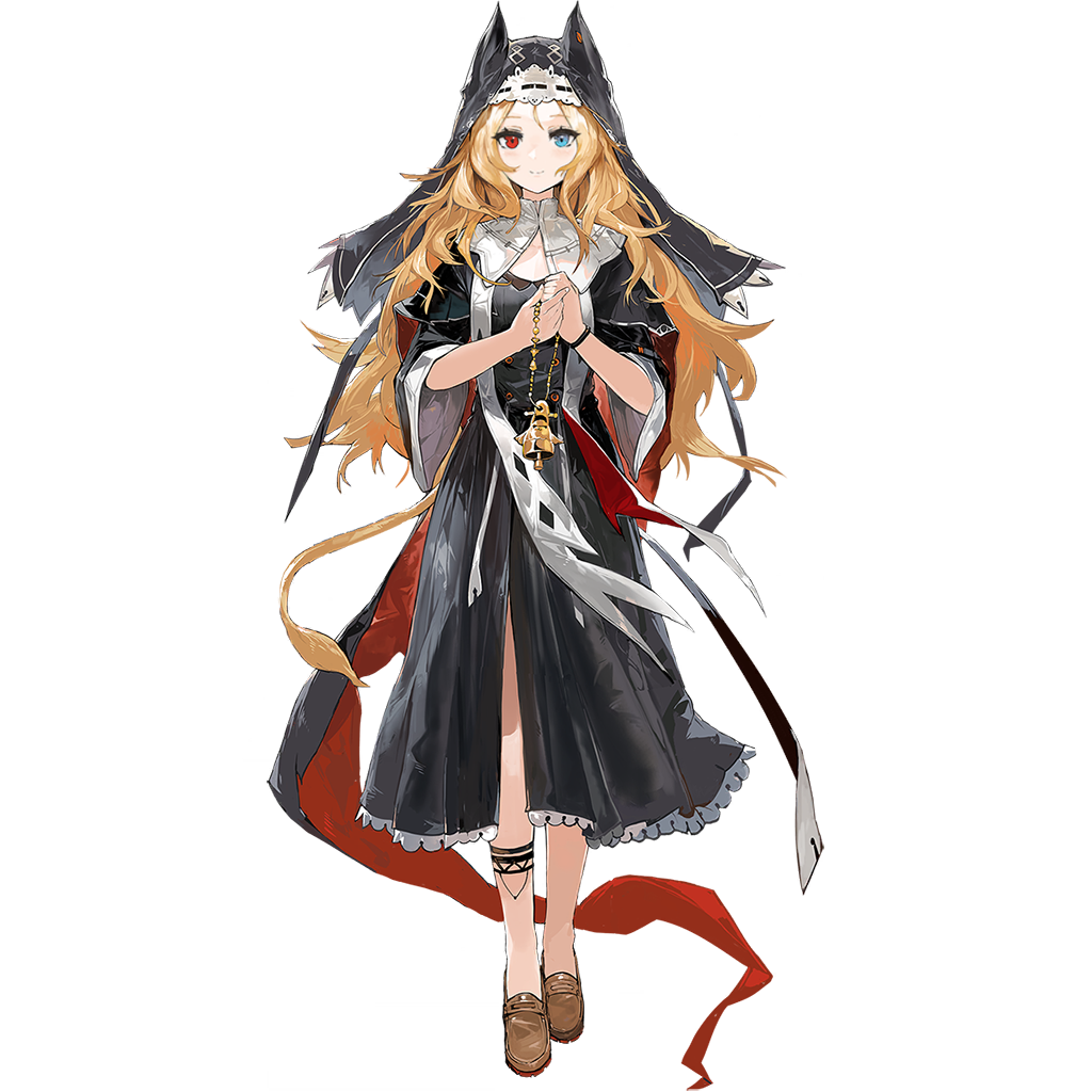 1girl alchemaniac archetto_(arknights) archetto_(glory_of_the_devout)_(arknights) arknights bare_legs black_dress black_shawl blue_eyes brown_shoes dress ears_under_headwear loafers long_hair looking_at_viewer multicolored_eyes no_socks nun official_alternate_costume official_art orange_hair red_eyes red_shawl shawl shoes solo three-quarter_sleeves
