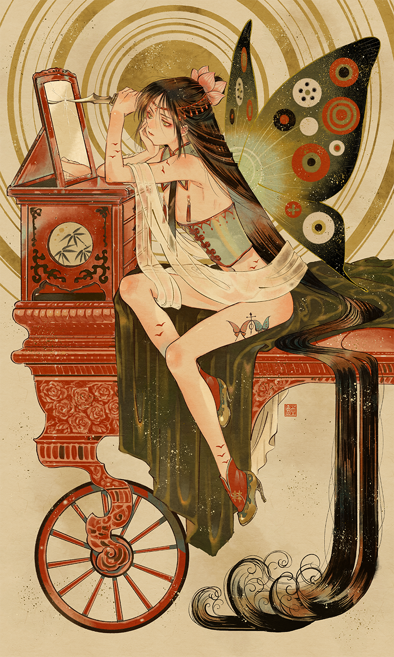1boy absurdly_long_hair androgynous arm_tattoo bare_arms bare_legs bird_tattoo black_hair blanket boots brown_background butterfly_tattoo butterfly_wings circlet closed_mouth collar commentary_request corset dagger detached_collar expressionless eyeshadow flower green_collar green_corset green_eyes green_wings hair_flower hair_flowing_over hair_ornament hand_on_own_chest high_collar high_heel_boots high_heels highres holding holding_dagger holding_knife holding_weapon insect_wings knife leg_tattoo lipstick long_hair looking_at_self makeup male_focus mirror multicolored_hair nipple_piercing nude original piercing pink_flower pink_lips red_boots red_eyeshadow scarf simple_background single_sidelock sitting solo streaked_hair tassel tattoo tsubonari very_long_hair waist_tassel water_lily_flower watermark weapon wheel white_scarf wings