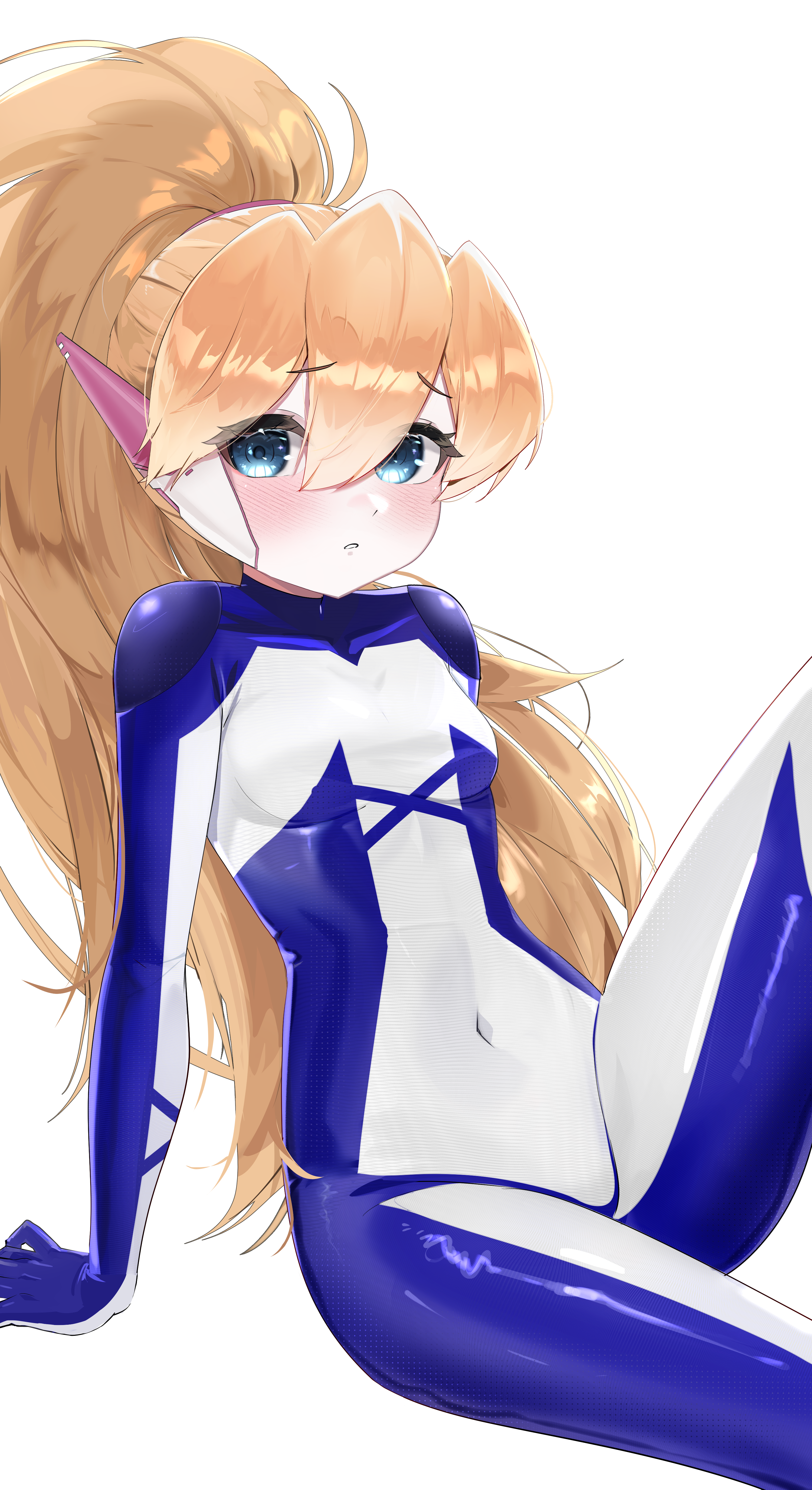 1girl :o absurdres biometal blonde_hair blue_eyes bodystocking breasts ciel_(mega_man) commission commissioner_upload covered_navel eyelashes fauron714 highres leaning_back light_blush long_bangs long_hair looking_at_viewer mechanical_ears mega_man_(series) mega_man_zero_(series) mega_man_zx model_z_(mega_man) no_armor no_headwear non-web_source petite ponytail sitting small_breasts thighs transparent_background