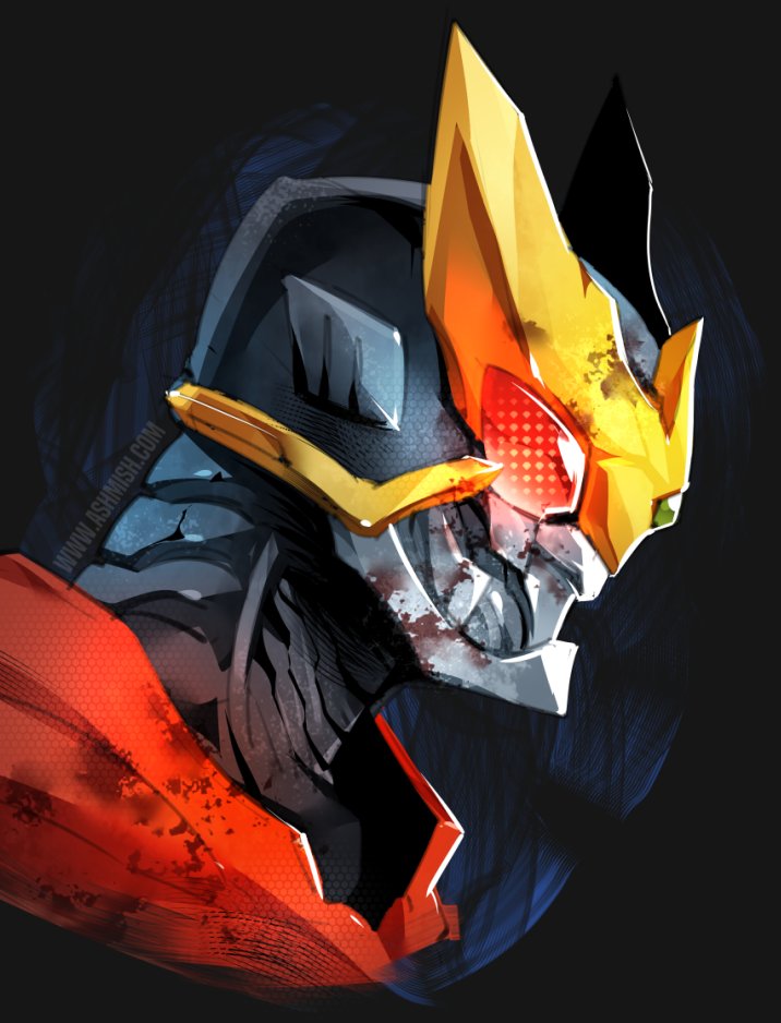 1boy armor ashmish belt black_background black_bodysuit black_footwear bodysuit breastplate compound_eyes gauntlets gold_horns head helmet horns jewelry kamen_rider kamen_rider_kuuga kamen_rider_kuuga_(series) kuuga_(mighty) male_focus red_armor red_eyes simple_background solo upper_body
