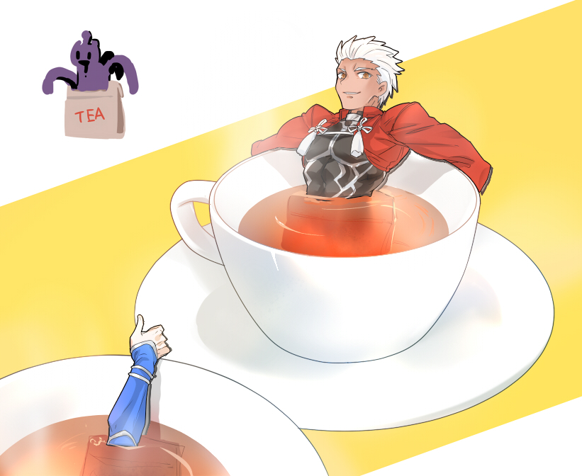 1boy archer_(fate) carnival_phantasm cu_chulainn_(fate) cu_chulainn_(fate/stay_night) cup dark-skinned_male dark_skin fate/stay_night fate_(series) grail-kun parody simple_background solo_focus sunday31 tea teacup terminator_(series) terminator_2:_judgment_day the_terminator thumbs_up white_hair