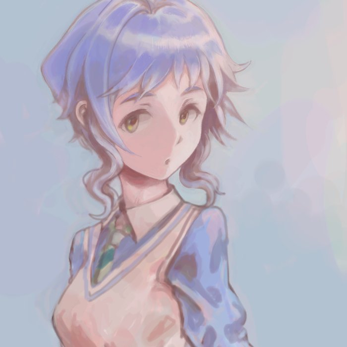 1girl :o beige_vest blue_hair green_necktie hair_intakes idolmaster idolmaster_million_live! light_blue_hair makabe_mizuki multicolored_background necktie open_mouth short_bangs short_hair solo tareme upper_body vaison vest wavy_hair yellow_eyes