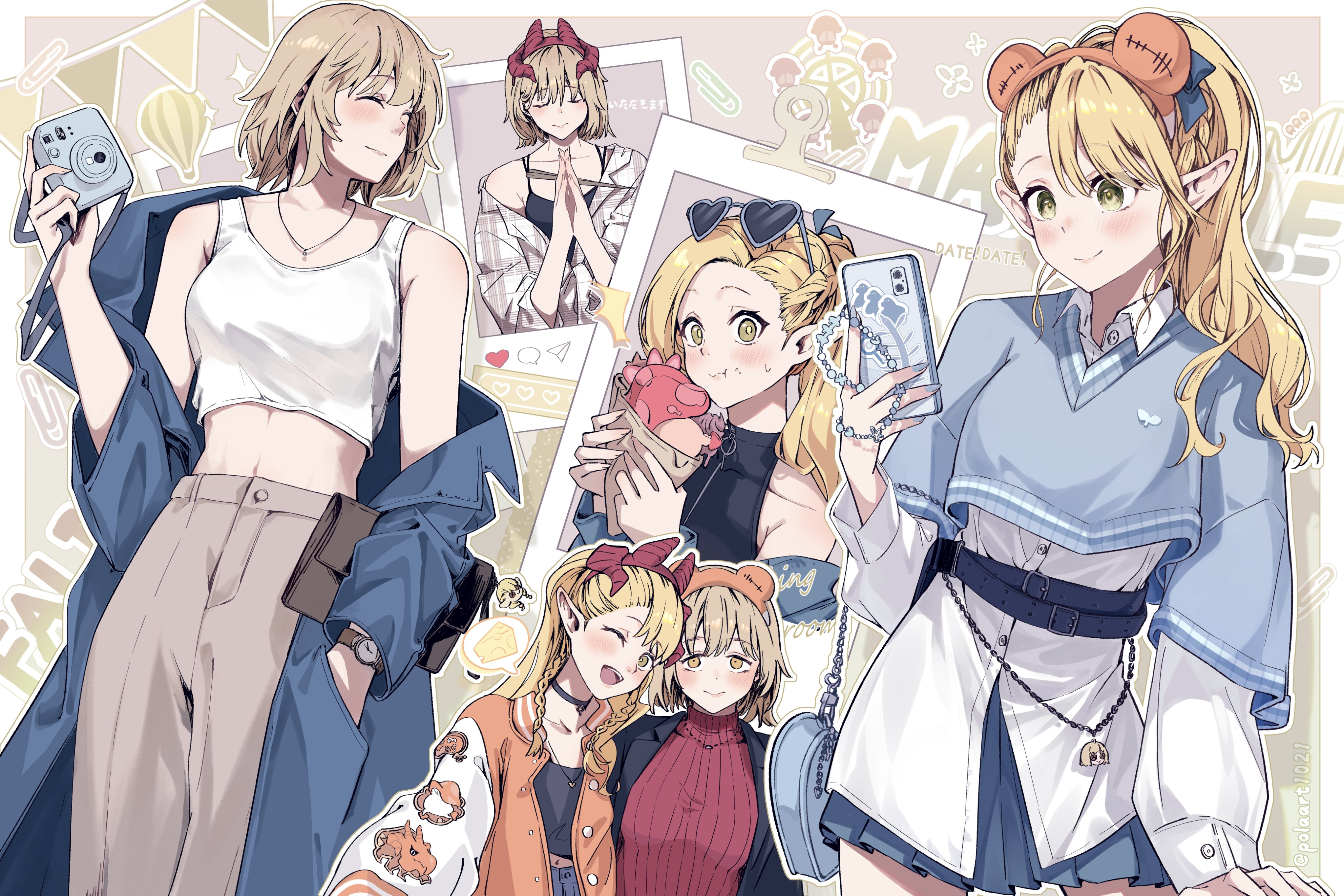 2girls absurdres bag belt blonde_hair blue_coat blue_skirt brown_pants camera cellphone character_doll cheese closed_eyes coat crop_top dragon_horns dungeon_meshi falin_touden falin_touden_(tallman) food frog_headband green_eyes handbag headband highres horns long_hair marcille_donato multiple_girls pants phone pola_(1021) polaroid_photo red_sweater ribbed_sweater satchel short_hair skirt smartphone speech_bubble sweater walking_mushroom_(dungeon_meshi) watch wristwatch yellow_eyes yuri