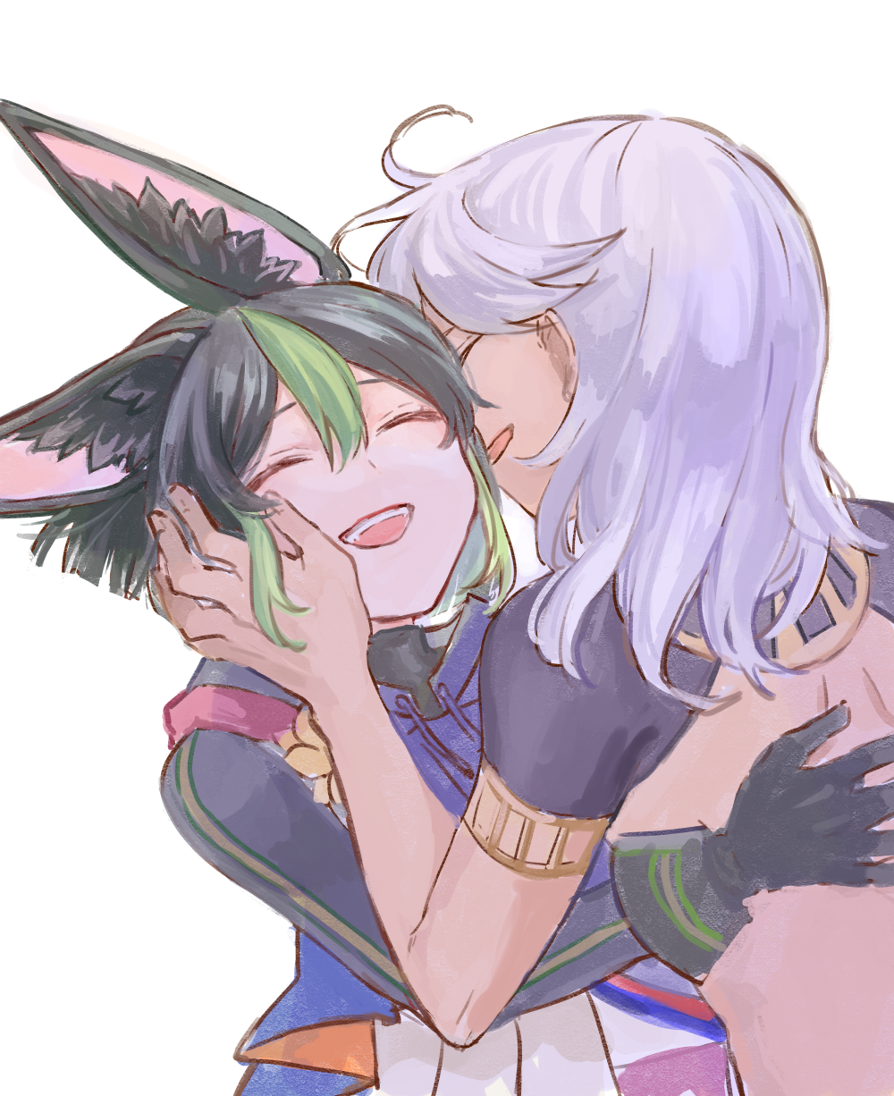 2boys ahoge animal_ears backless_outfit black_gloves black_hair blue_shirt cheek_kiss closed_eyes commentary cyno_(genshin_impact) dark-skinned_male dark_skin double_cheek_kiss fox_boy fox_ears genshin_impact gloves green_hair grey_background grey_hair hands_on_another&#039;s_cheeks hands_on_another&#039;s_face highres himeko_(nico6v6pachi) hug kiss kissing_cheek long_sleeves multiple_boys open_mouth shirt short_hair simple_background sketch smile tighnari_(genshin_impact) upper_body yaoi