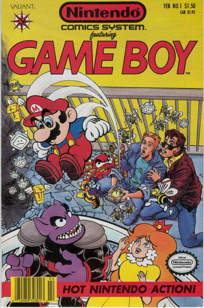 1girl 6+boys alien black_hair blue_eyes coat comic crown dress earrings facial_hair flower_earrings front_cover game_boy handheld_game_console hat jewelry looking_at_another mario mario_(series) multiple_boys mustache nintendo official_art orange_dress overalls princess_daisy red_hair sitting sunglasses super_mario_land tatanga