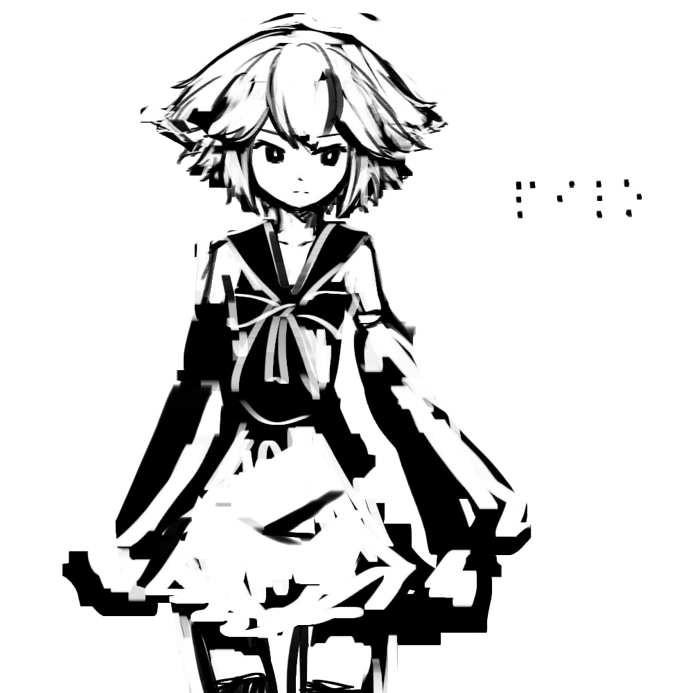 1girl braille detached_sleeves dress female_focus greyscale monochrome original pas_(paxiti) pilo short_hair solo