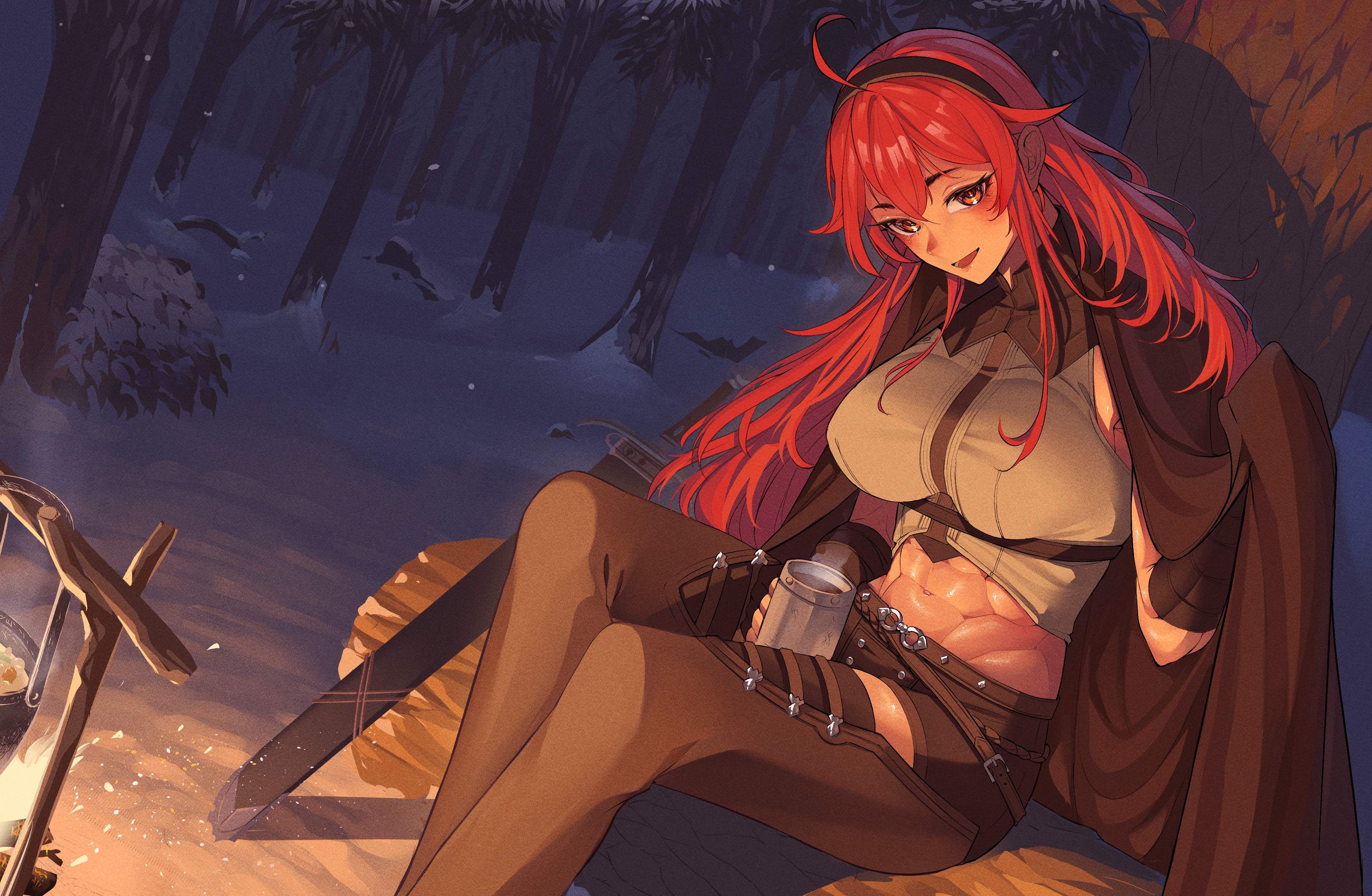 1girl abs absurdres ahoge black_hairband blanket blush breasts brown_shorts buttslayer campfire coffee_mug commentary commission cooking_pot crop_top cup english_commentary eris_greyrat feet_out_of_frame forest grey_shirt hair_between_eyes hairband highres holding holding_cup large_breasts log long_hair looking_at_viewer midriff mug muscular muscular_female mushoku_tensei nature night open_mouth outdoors pixiv_commission red_eyes red_hair sheath sheathed shirt short_shorts shorts sitting smile snow solo sword tree very_long_hair weapon
