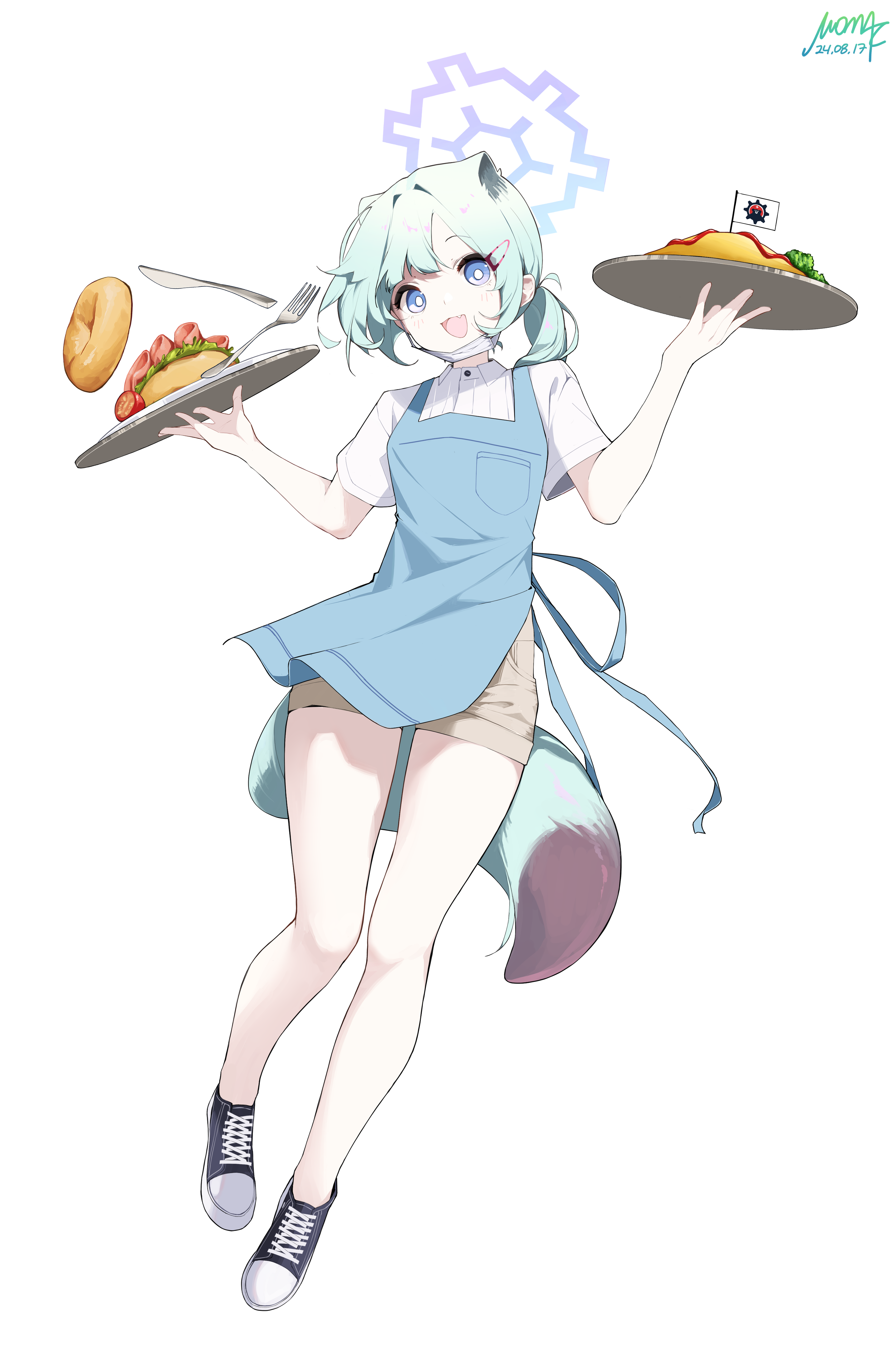 1girl :d absurdres animal_ears apron aqua_hair blue_apron blue_archive blue_eyes bright_pupils broccoli brown_shorts burger cherry_tomato commentary_request dated extra_ears fang flag food fork full_body hair_ornament hairclip halo highres holding holding_tray ketchup knife lettuce looking_at_viewer mask_pull medium_hair mona_kkkk omelet omurice open_mouth ponytail shigure_(blue_archive) shirt shoelaces shoes short_sleeves shorts signature simple_background sliced_meat smile sneakers solo tail tomato tray weasel_ears weasel_girl weasel_tail white_background white_shirt