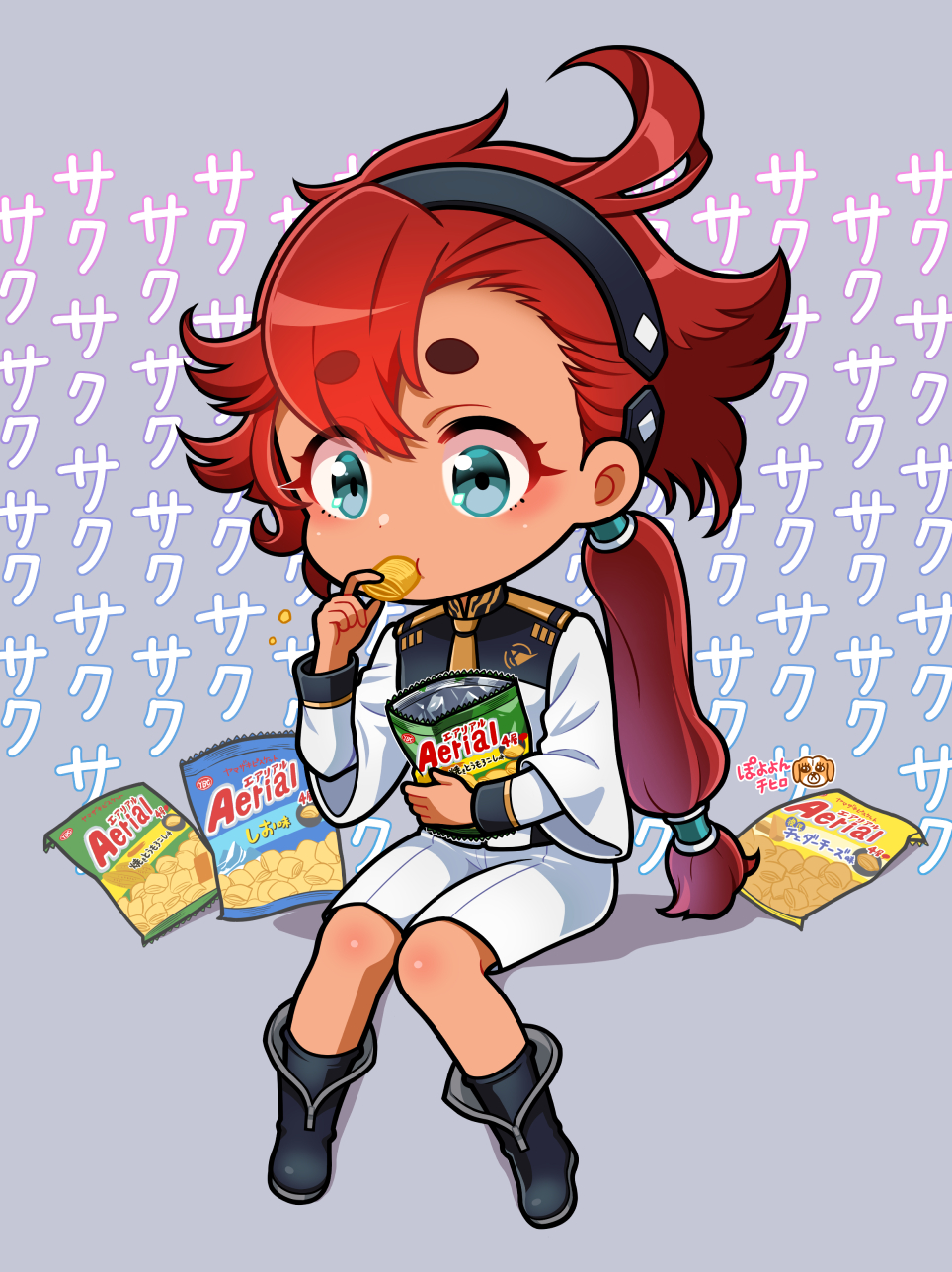 1girl aerial_(food) ahoge artist_logo artist_name blue_eyes boots chibi chips_(food) commentary eating food full_body grey_background gundam gundam_suisei_no_majo hairband highres logo long_hair low-tied_long_hair low_ponytail name_connection ponytail potato_chips poyoyon_chihiro red_hair shorts sitting solo suletta_mercury translation_request