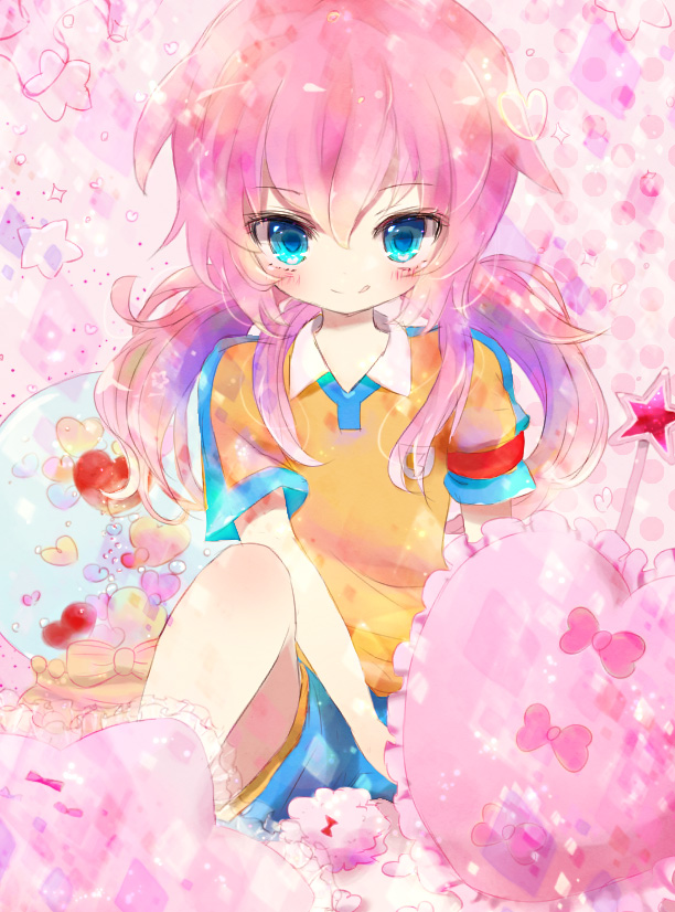 1boy armband bad_id bad_pixiv_id blue_eyes blush heart inazuma_eleven_(series) inazuma_eleven_go kirino_ranmaru lightning_bolt_symbol long_hair looking_at_viewer male_focus pink_hair raimon smile soccer_uniform solo sportswear star_(symbol) twintails yoshida_(nono_ko)
