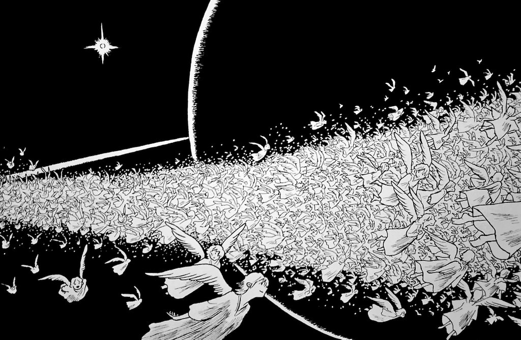 6+others angel angel_wings commentary_request dress greyscale monochrome multiple_others original planet planetary_ring sakajun short_hair space star_(sky) wings