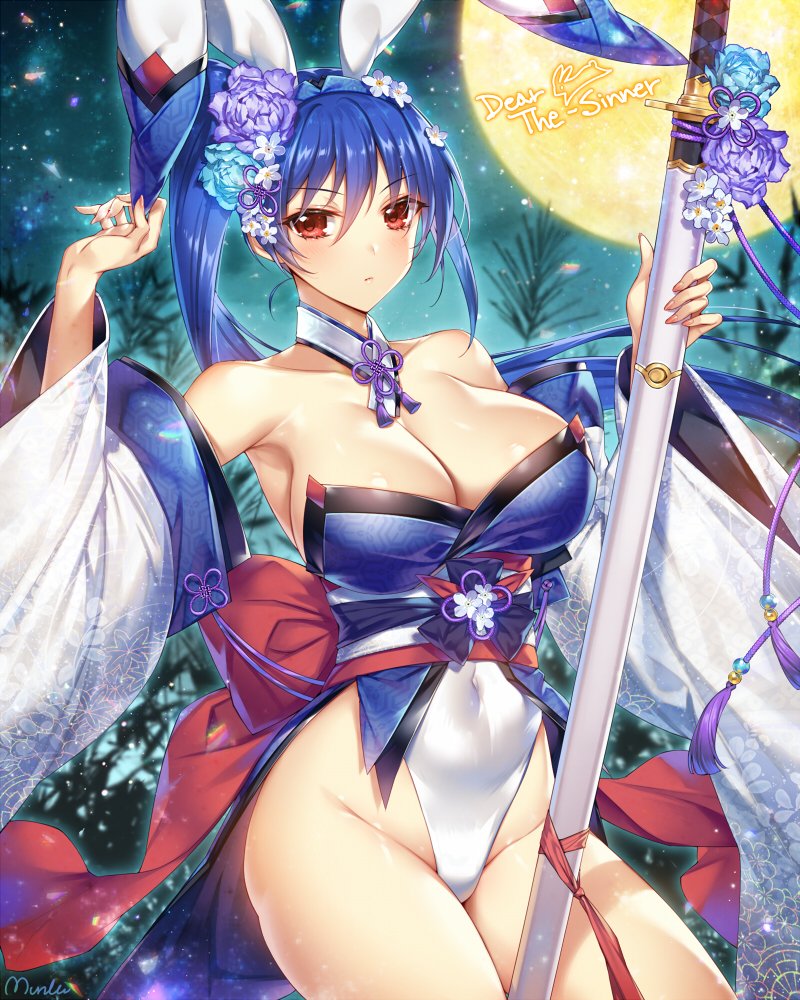 1girl animal_ears back_bow bare_shoulders blue_hair blush bow breasts cleavage closed_mouth collarbone commission covered_navel cowboy_shot detached_collar detached_sleeves fake_animal_ears flower full_moon hair_flower hair_ornament hands_up highleg highleg_leotard holding holding_sword holding_weapon japanese_clothes kimono large_breasts leotard long_hair looking_at_viewer moon munlu_(wolupus) night night_sky obi original ponytail rabbit_ears red_bow red_eyes sash sheath sheathed skeb_commission sky solo susuki_grass sword thighs tsukimi weapon white_leotard wide_sleeves