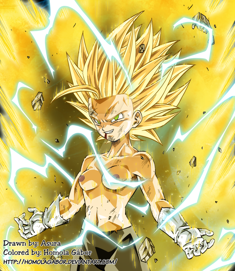 1girl 2020 artist_name asura aura bra_(dragon_ball) breasts breasts_out bruise bruising button deviantart dragon_ball dragon_ball_multiverse dragonball_z electricity female_focus focus focused gloves grin homola_gabor injury looking_at_viewer medium_breasts meta navel only pants shiny_clothes shiny_skin shorts smile smirk solo spiked_hair super_saiyan super_saiyan_2 tagme third-party_edit thunder watermark web_address