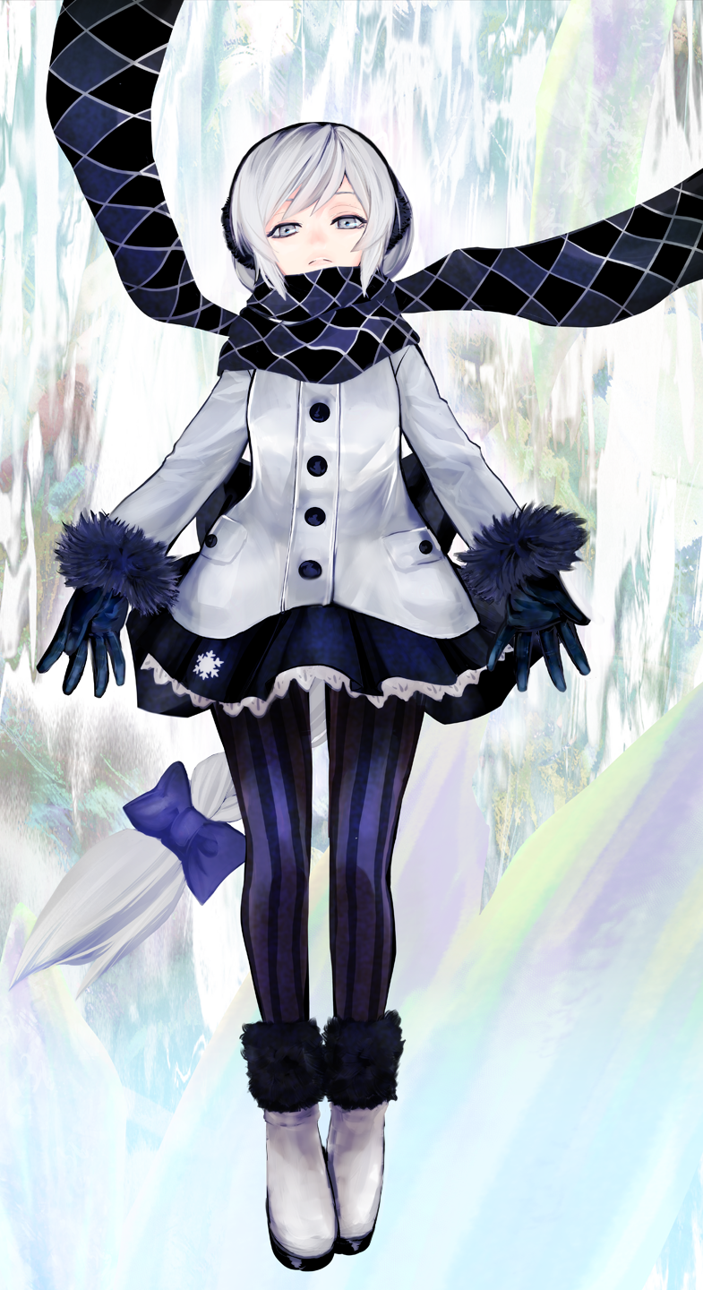 1girl abstract_background argyle_clothes argyle_scarf arms_at_sides back_bow black_bow black_gloves black_scarf black_skirt boots bow braid buttons closed_mouth coat commentary_request earmuffs expressionless floating_hair floating_scarf frown full_body fur-trimmed_boots fur-trimmed_sleeves fur_trim gloves grey_eyes hair_bow half-closed_eyes highres leggings long_hair long_sleeves maki_(nasulily) purple_bow purple_leggings scarf sekka_yufu skirt snowflake_print solo straight-on utau vertical-striped_leggings very_long_hair white_coat white_hair
