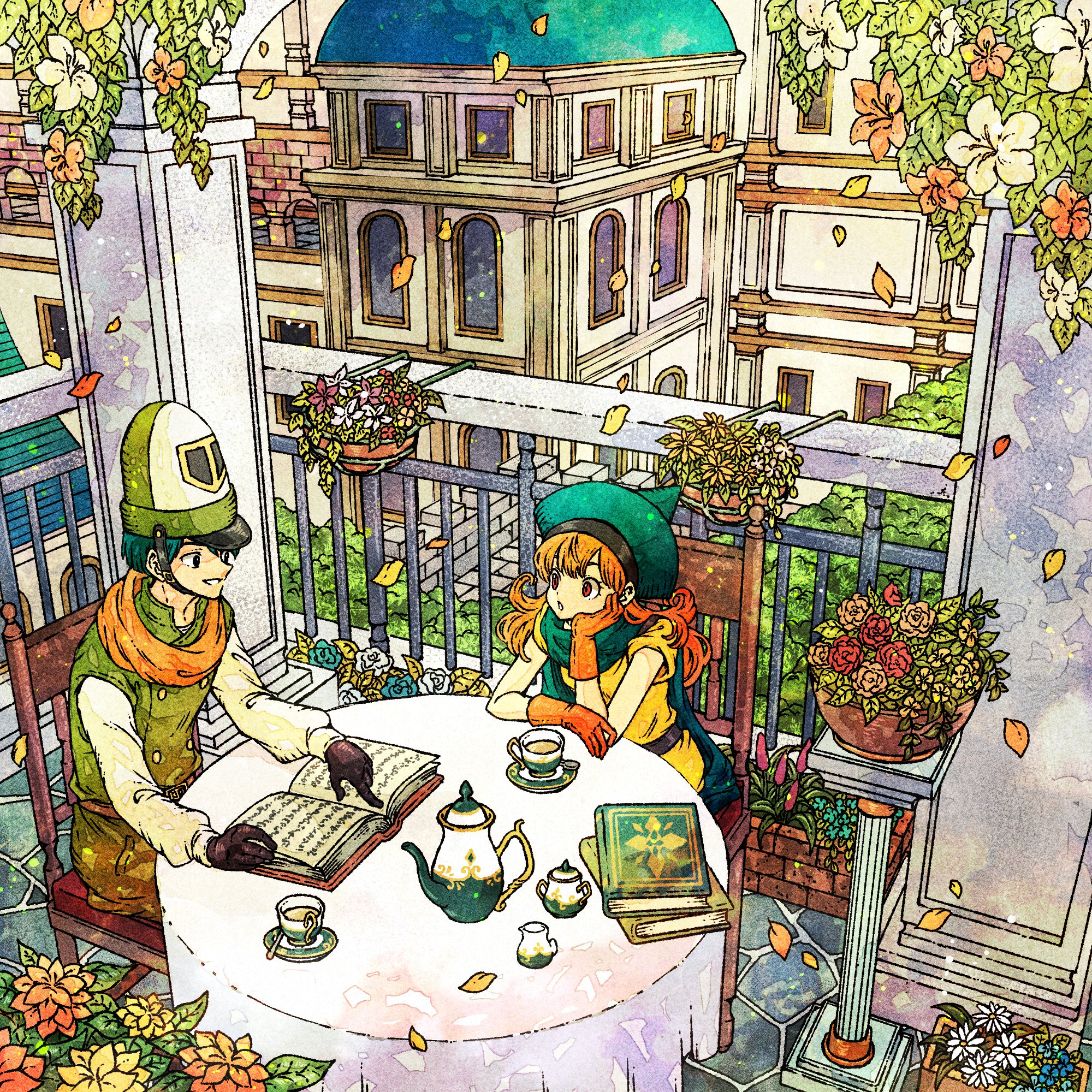 1boy 1girl alena_(dq4) black_gloves blue_hair blue_hat blue_scarf book buttons clift cup double-breasted dragon_quest dragon_quest_iv falling_leaves gloves green_hat green_tunic hanging_plant hat head_on_hand highres leaf long_hair looking_at_another mitre open_book orange_gloves orange_hair orange_scarf parted_lips reading scarf shirt short_hair sitting smile table teacup teapot toriga town tunic white_shirt yellow_tunic