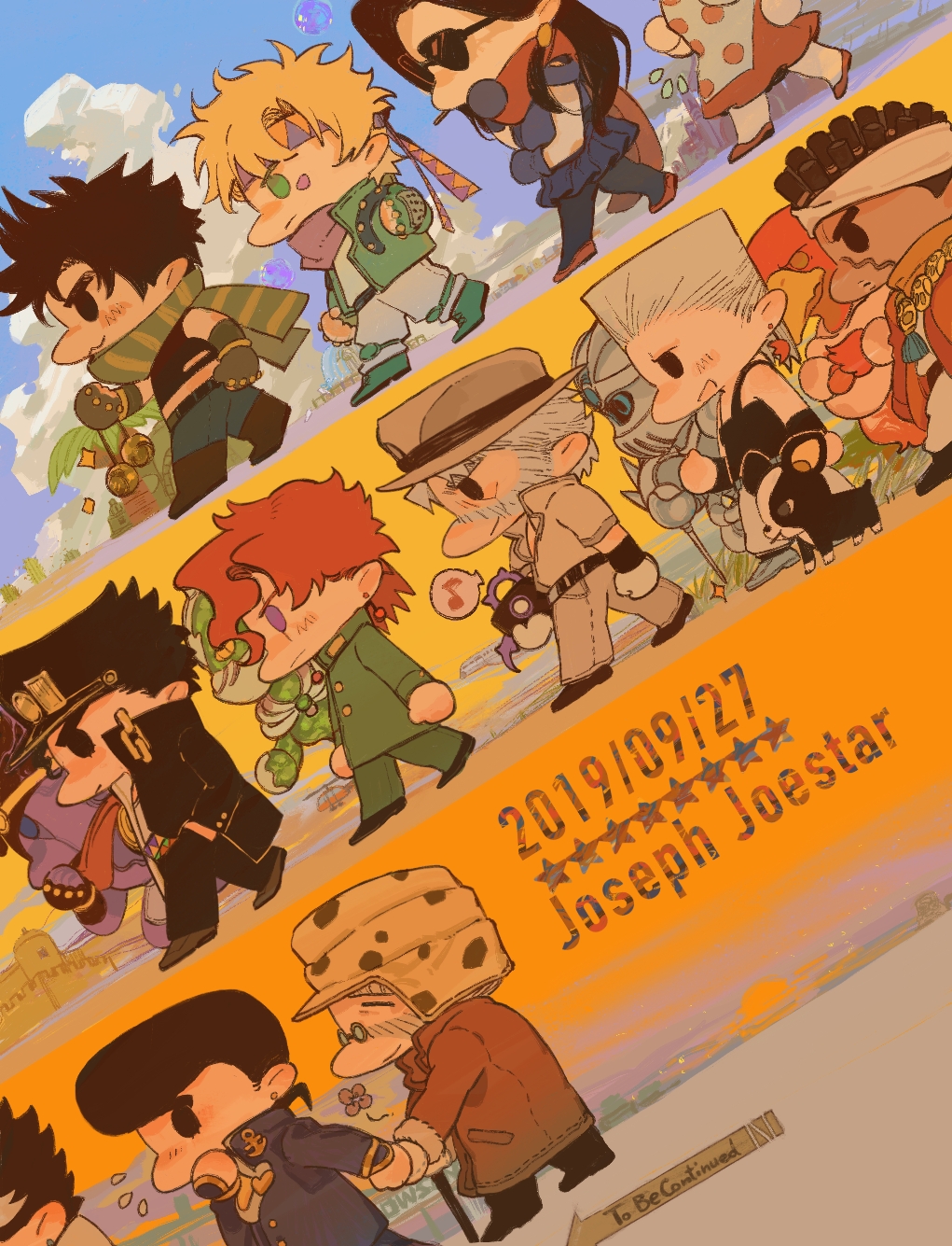 2girls 6+boys :3 age_progression battle_tendency black_hair bola_(weapon) bubble caesar_anthonio_zeppeli cane character_name chibi dated diamond_wa_kudakenai dog flower hat hermit_purple hierophant_green higashikata_josuke highres iggy_(jojo) jean_pierre_polnareff jojo_no_kimyou_na_bouken joseph_joestar joseph_joestar_(old) joseph_joestar_(young) kakyoin_noriaki kuujou_joutarou lisa_lisa magician&#039;s_red mitus mohammed_avdol multiple_boys multiple_girls musical_note pompadour scarf silver_chariot spoken_musical_note stand_(jojo) star_platinum stardust_crusaders sunglasses suzi_q walking