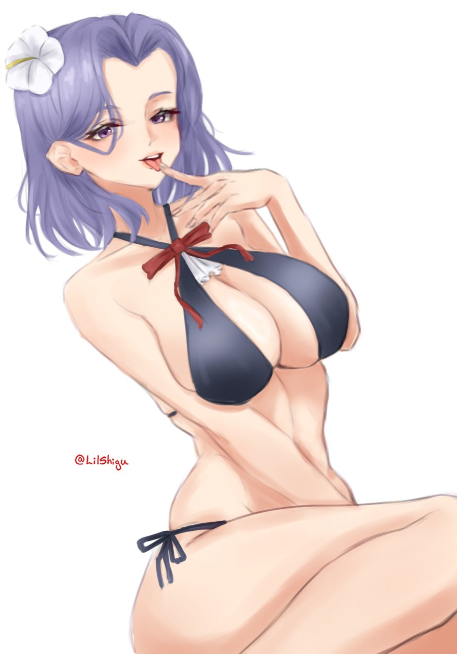1girl bikini black_bikini breasts criss-cross_halter flower hair_between_eyes hair_flower hair_intakes hair_ornament halterneck hibiscus highres kantai_collection large_breasts lilshigu looking_at_viewer official_alternate_costume one-hour_drawing_challenge purple_eyes purple_hair short_hair side-tie_bikini_bottom simple_background sitting solo swimsuit tatsuta_(kancolle) tatsuta_(swimsuit)_(kancolle) tatsuta_kai_ni_(kancolle) tongue tongue_out white_background white_flower