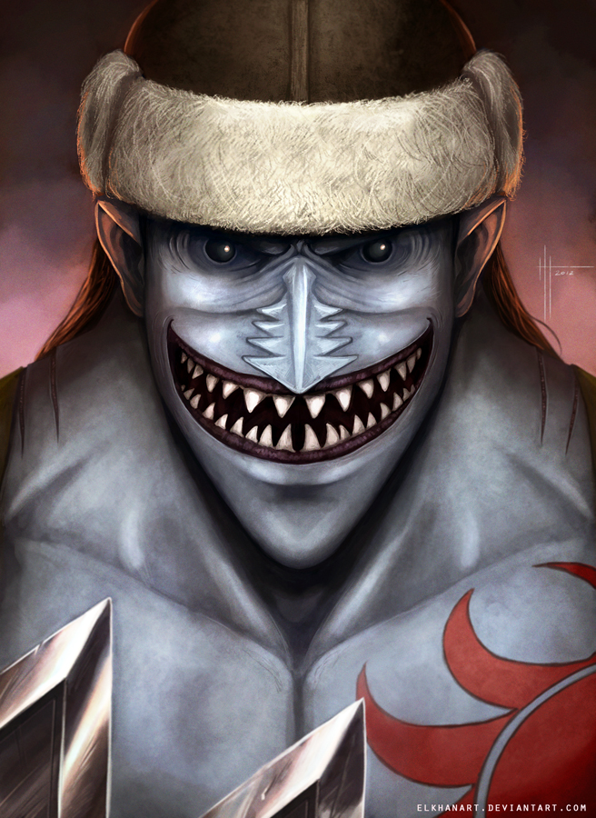 1boy arlong artist_name black_eyes black_hair blue_skin chest_tattoo clenched_teeth collarbone colored_skin commentary deviantart_username elkhanart english_commentary fish_boy fur_hat hat long_hair long_nose looking_at_viewer male_focus one_piece open_mouth realistic signature smile solo tan tan_tattoo tattoo teeth