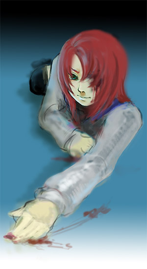 00s 1girl blood blood_on_face blood_on_hands female_focus hair_over_one_eye injury kiri_mame long_sleeves lying my-hime outstretched_arm outstretched_hand red_hair sketch solo yuuki_nao