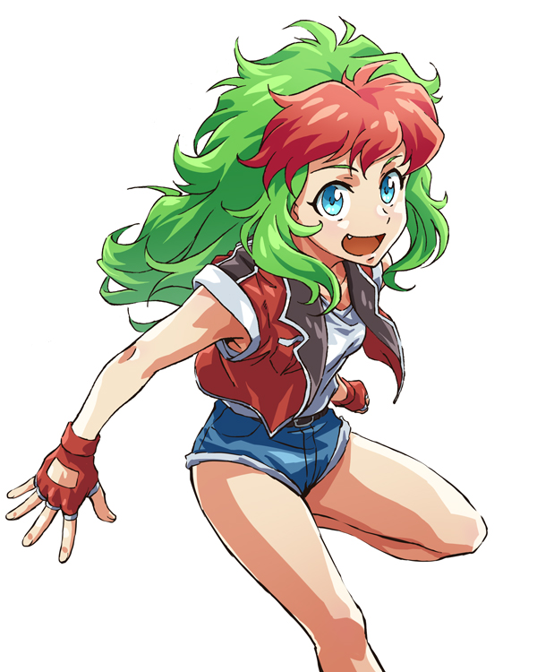 1girl belt blue_eyes character_request coat denim denim_shorts fang female_focus fingerless_gloves gloves green_hair gundam long_hair mayata multicolored_hair open_mouth pink_hair red_hair sd_command_chronicles sd_gundam shorts simple_background sleeveless sleeveless_coat solo tank_top tron_(sd_gundam) two-tone_hair wavy_hair white_background