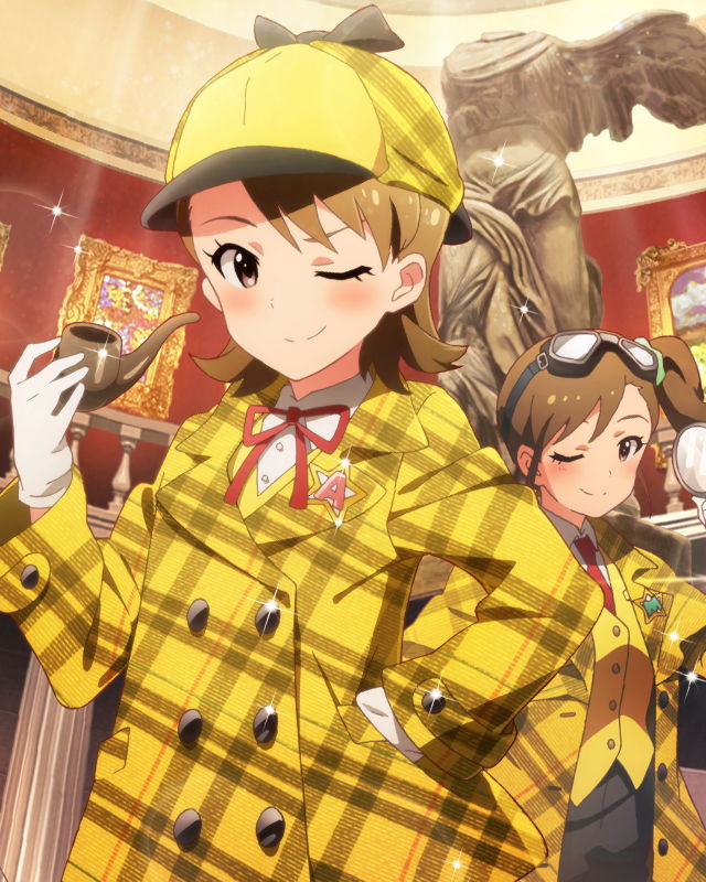 10s 2girls ;) bow bowtie brown_eyes brown_hair buttons newsboy_cap capelet deerstalker detective double-breasted female_focus futami_ami futami_mami gloves goggles goggles_on_head hat holding holding_smoking_pipe idolmaster idolmaster_(classic) idolmaster_million_live! jacket kawakami_tetsuya looking_at_viewer magnifying_glass multiple_girls musical_note necktie official_art one_eye_closed peacoat plaid_clothes plaid_jacket siblings side_ponytail sisters smile smoking_pipe white_gloves wink yellow_jacket