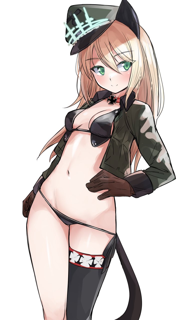 1girl animal_ears bikini black_bikini black_thighhighs blonde_hair blush breasts cat_ears cat_tail closed_mouth green_eyes hand_on_own_hip hat heinrike_prinzessin_zu_sayn-wittgenstein highres long_hair military_hat military_uniform momendoufu navel noble_witches small_breasts smile solo swimsuit tail thighhighs world_witches_series