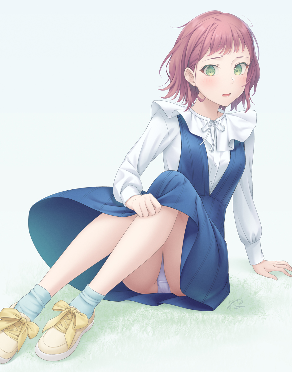 1girl blue_dress blue_socks brown_hair buttons dress fukadou_magorona green_eyes hair_behind_ear highres knees_up long_sleeves on_ground original panties pantyshot parted_lips ribbon ribbon_shoes shirt shoes short_hair sitting socks solo underwear white_panties white_shirt yellow_ribbon yellow_shoes