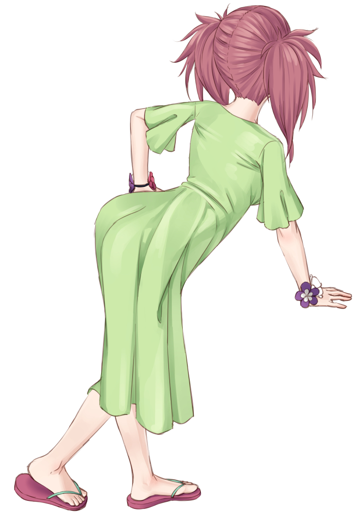 1girl amanchu! ass commentary_request dress easy_(aqk7bdqt) female_focus from_behind full_body green_dress hand_on_own_hip ninomiya_ai red_hair sandals simple_background solo white_background