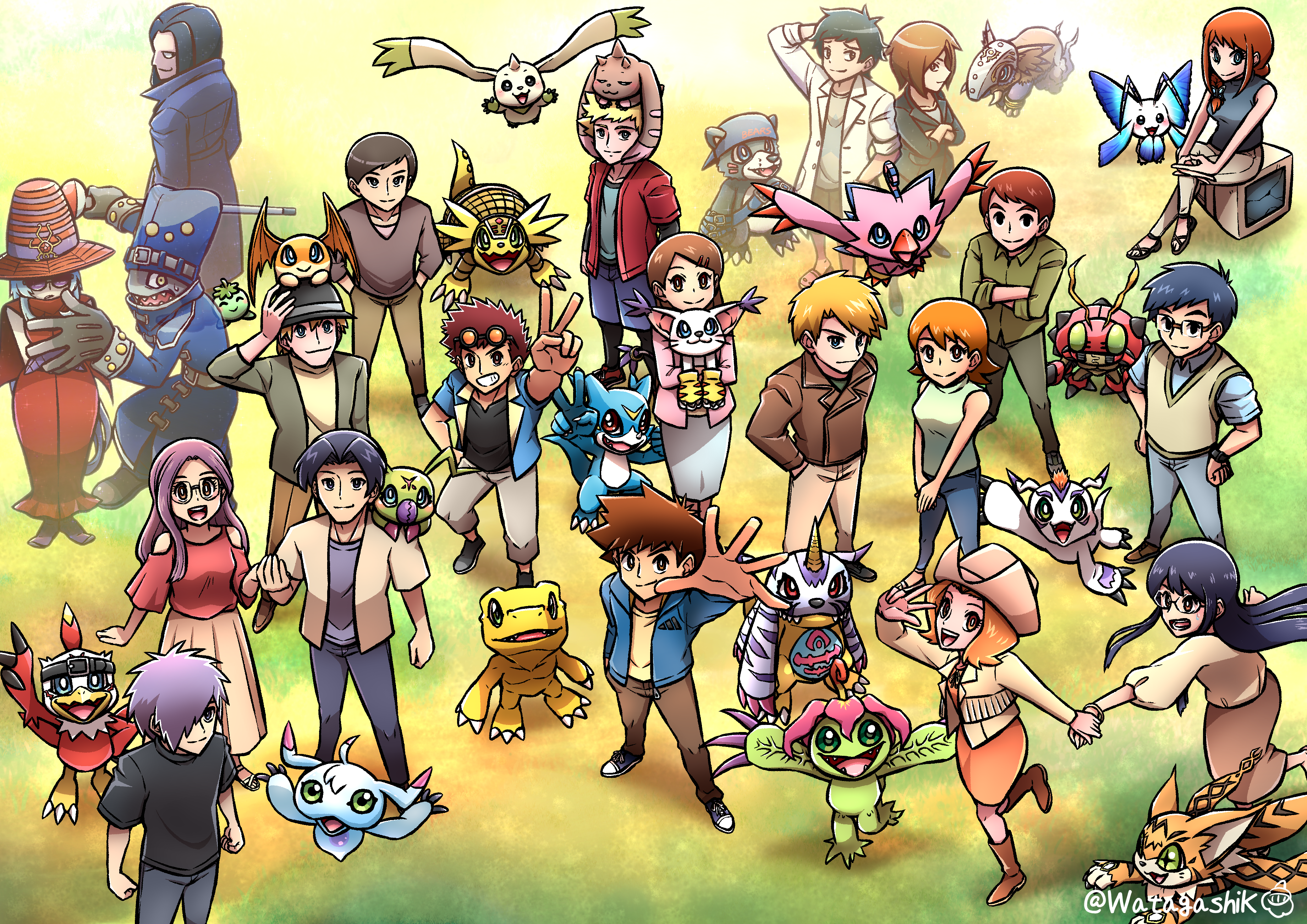 absurdres agumon archnemon armadimon bakumon bearmon bug digimon digimon_(creature) digimon_adventure:_last_evolution_kizuna digimon_adventure_02 digimon_adventure_02:_digimon_hurricane_jouriku!!_chouzetsu_shinka!!_ougon_no_digimental digimon_adventure_02:_the_beginning digimon_adventure_tri. floating gabumon gomamon happy hat hawkmon hida_iori highres himekawa_maki ichijouji_ken inoue_miyako ishida_yamato izumi_koshiro jacket kido_jo looking_at_viewer lopmon meicoomon menoa_bellucci mochizuki_meiko morphomon motomiya_daisuke mummymon nishijima_daigo oikawa_yukio owada_rui palmon patamon piyomon running smile tachikawa_mimi tailmon takaishi_takeru takenouchi_sora tentomon terriermon ukkomon v-mon wallace_(digimon) wings wormmon yagami_hikari yagami_taichi