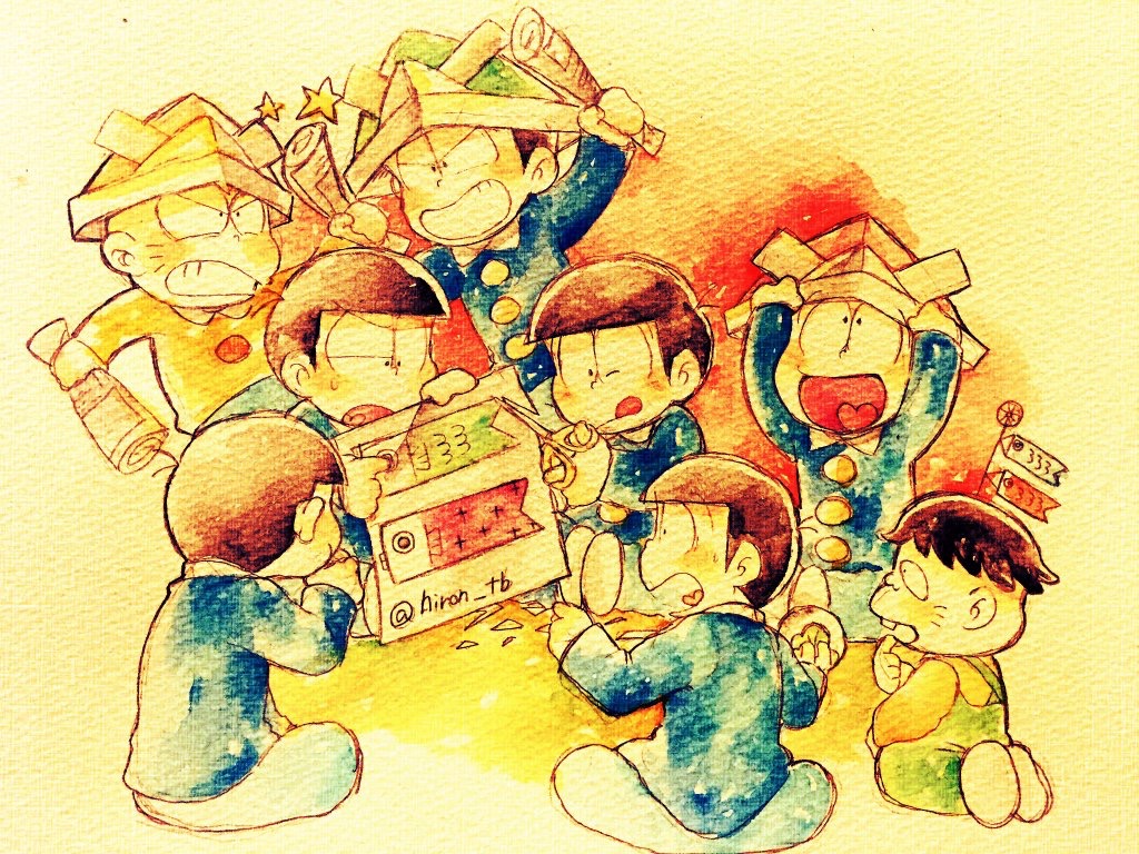 ;d aged_down brothers buttons chibita child fighting green_overalls grin hatabou koinobori male_focus matsuno_choromatsu matsuno_ichimatsu matsuno_jyushimatsu matsuno_karamatsu matsuno_osomatsu matsuno_todomatsu one_eye_closed open_mouth osomatsu-kun osomatsu_(series) overalls paper_hat rolled_up_newspaper sextuplets shirt siblings smile tsubuta_hiro windsock yellow_shirt