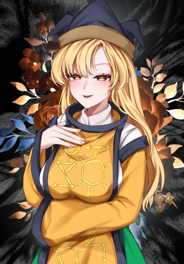 arm_under_breasts blonde_hair breasts detached_sleeves floral_background green_skirt hair_between_eyes hand_on_own_chest hat large_breasts long_hair looking_at_viewer matara_okina monima6789 open_mouth shirt skirt smile touhou upper_body white_shirt yellow_eyes yellow_tabard