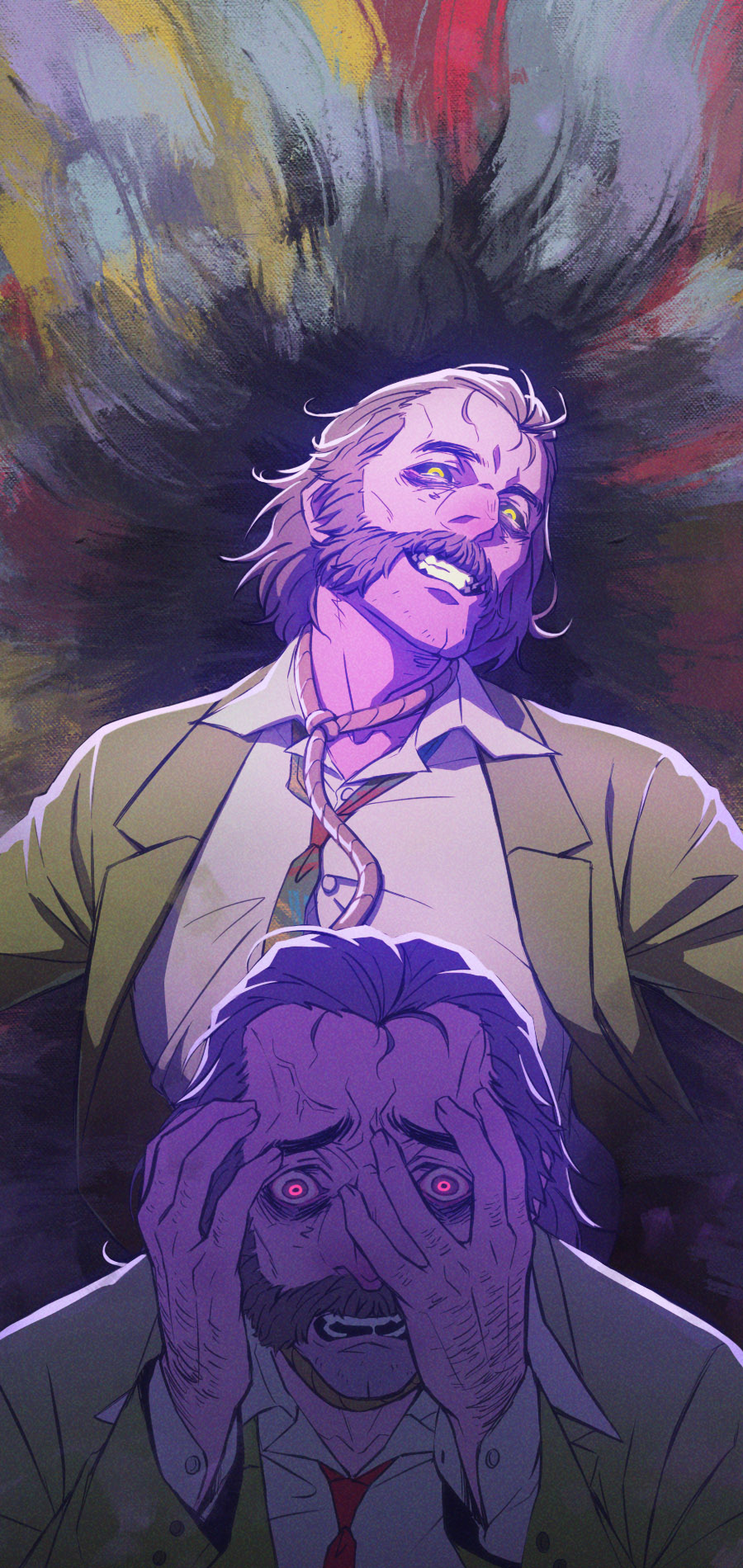 1boy asd4486 beard black_sclera brown_hair colored_sclera dark_persona disco_elysium facial_hair harry_du_bois highres jacket male_focus multiple_views mutton_chops necktie noose open_mouth panicking red_eyes smile upper_body veins