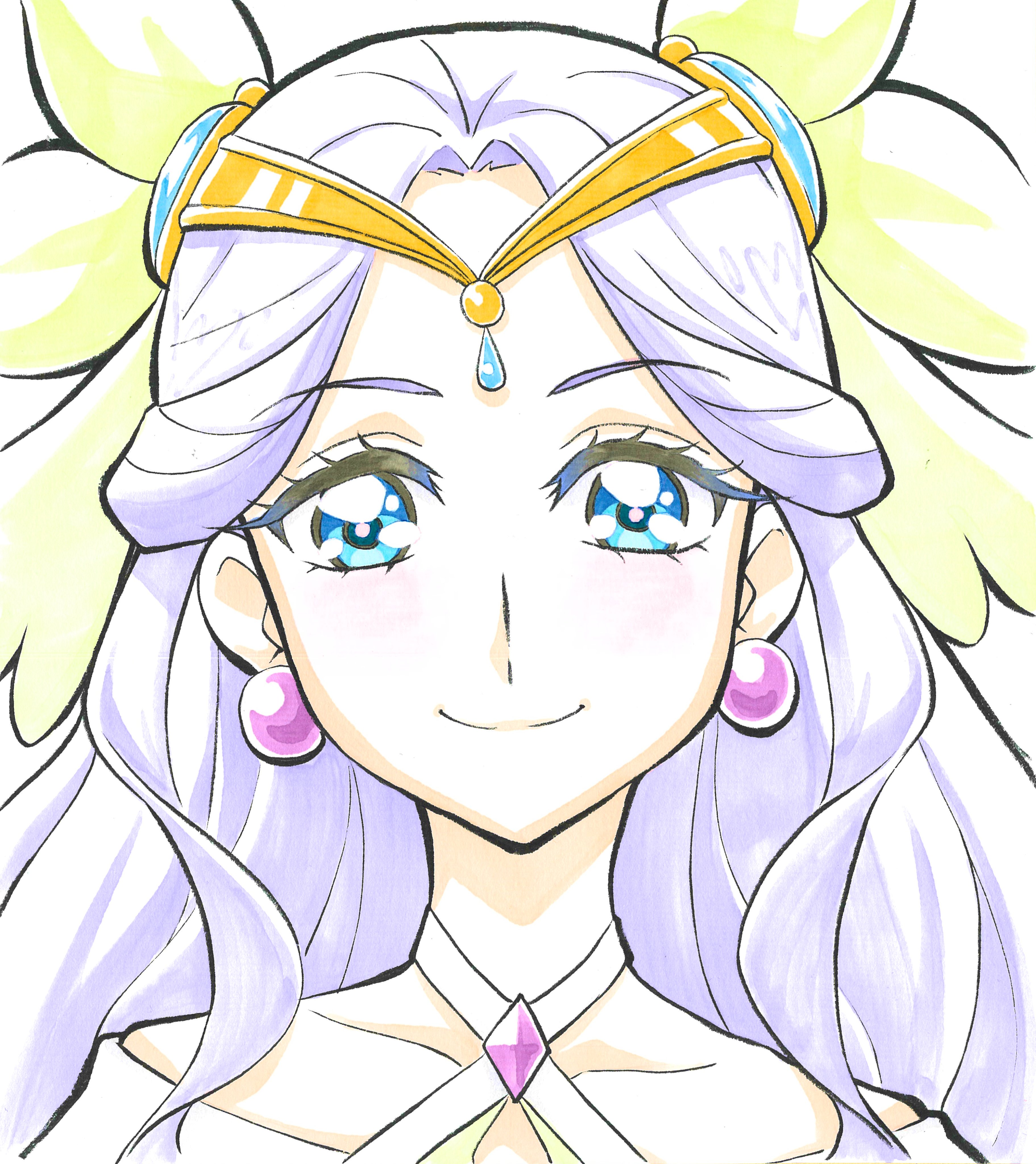 1girl absurdres blue_eyes commentary_request cure_earth earrings eyelashes fuurin_asumi hair_ornament happy healin&#039;_good_precure highres itaoka1 jewelry long_hair looking_at_viewer magical_girl precure purple_hair simple_background smile solo upper_body white_background