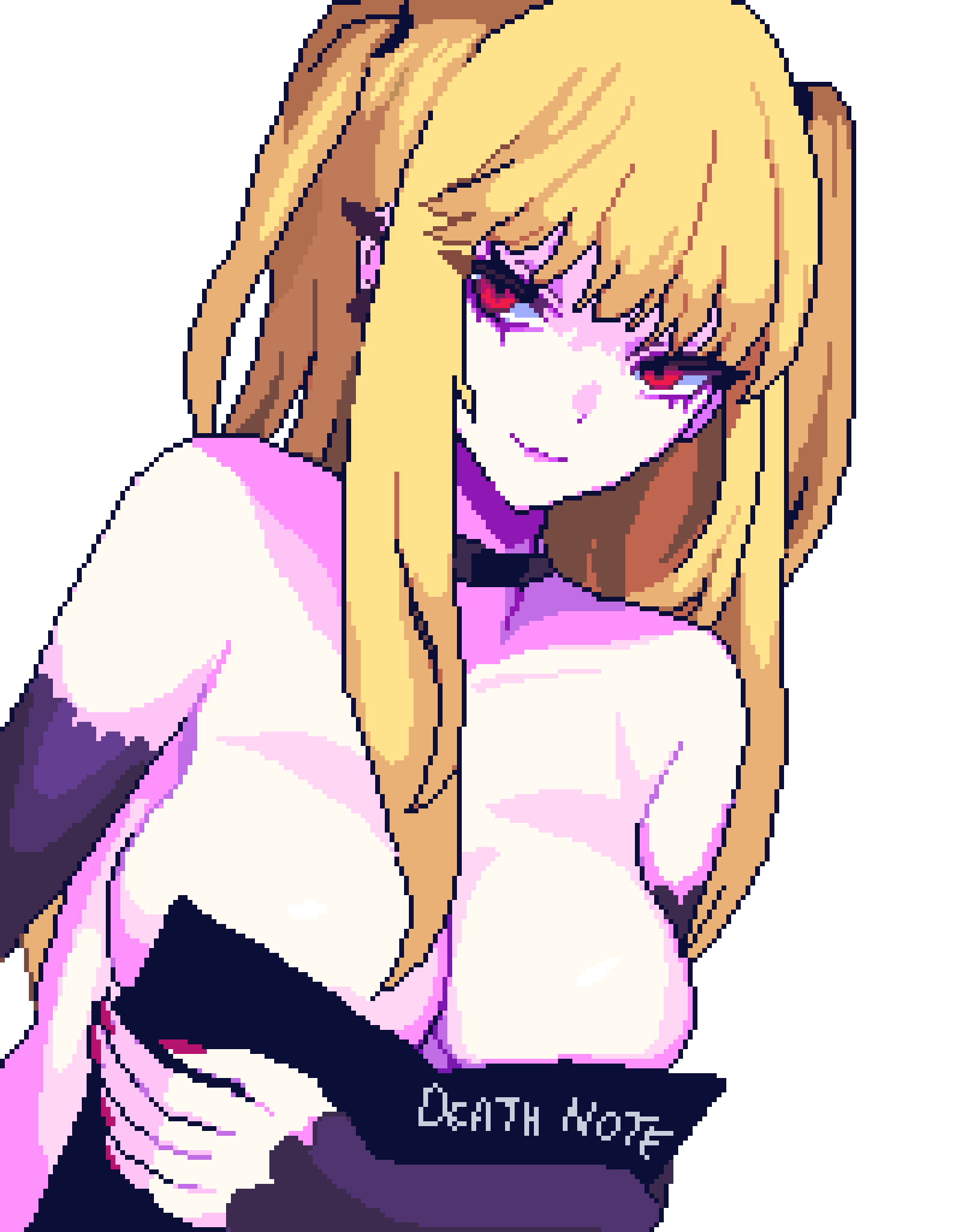 1girl amane_misa bare_shoulders black_choker black_sleeves blonde_hair boobs_in_book_(meme) book breasts choker closed_mouth covering_breasts covering_privates death_note death_note_(object) detached_sleeves highres holding holding_book jewelry large_breasts long_hair looking_at_viewer meme pixel_art pixelcadete red_eyes red_nails simple_background smile solo topless_female two_side_up upper_body white_background