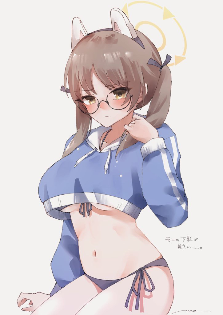 1girl amahara_nue animal_ears bikini black_bikini blue_archive blue_shirt blush breasts brown_hair cropped_shirt fake_animal_ears front-tie_bikini_top front-tie_top halo large_breasts looking_at_viewer moe_(blue_archive) moe_(swimsuit)_(blue_archive) navel official_alternate_costume rabbit_ears shirt side-tie_bikini_bottom solo stomach swimsuit translation_request twintails underboob