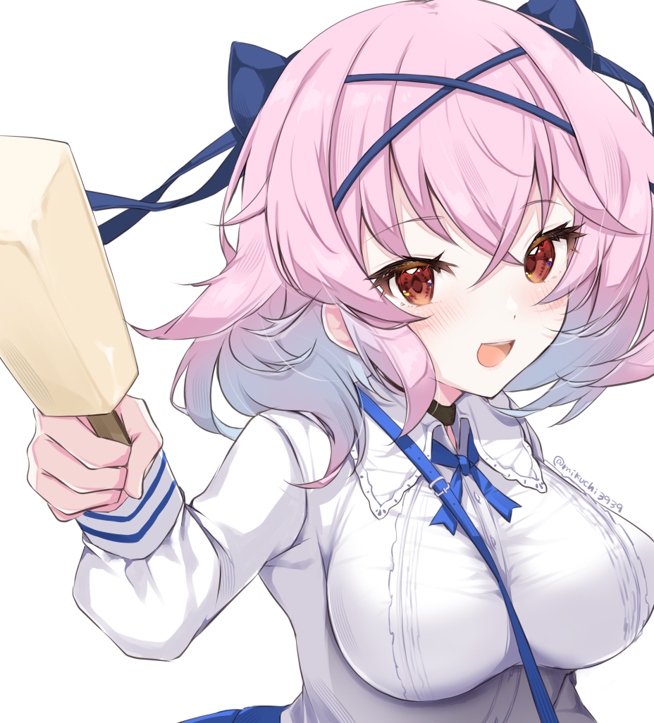 1girl aylwin_(azur_lane) aylwin_(sunday_aquarium_visit)_(azur_lane) azur_lane blue_ribbon blush crossed_bangs dress dress_shirt food hair_ribbon holding holding_food holding_ice_cream ice_cream long_sleeves looking_at_viewer mikuchi3939 official_alternate_costume open_mouth pink_hair red_eyes ribbon shirt short_hair simple_background smile solo twitter_username upper_body white_background white_dress