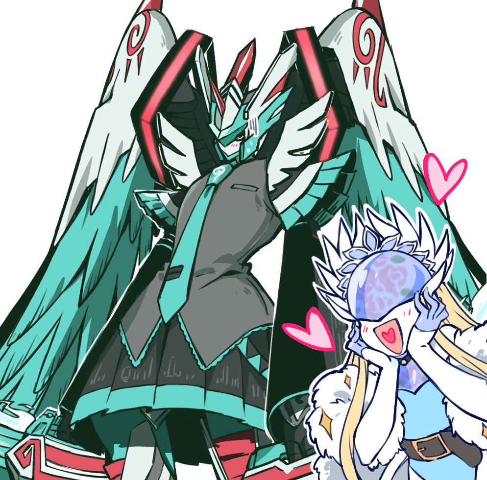 1boy 1girl blue_leotard blush cendrillmon cosplay crossdressing digimon digimon_(creature) digimon_liberator embarrassed happy hatsune_miku hatsune_miku_(cosplay) leotard looking_at_another necktie plaid_clothes plaid_skirt skirt vocaloid wide_hips zephagamon