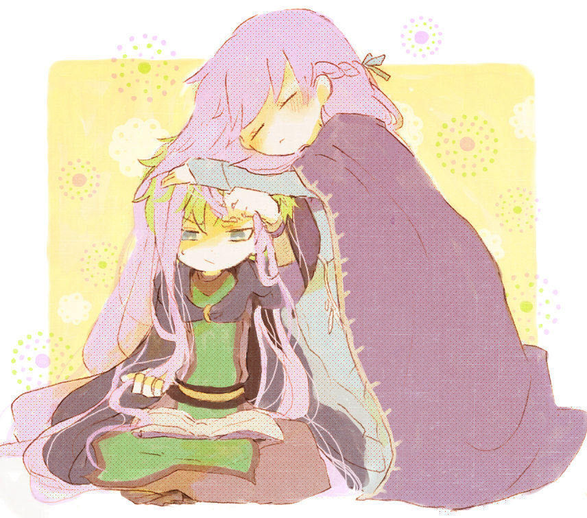 1boy 1girl absurdly_long_hair annoyed blue_eyes blush book braid cloak couple closed_eyes fire_emblem fire_emblem:_the_binding_blade green_hair hetero hug indian_style kappaman light_purple_hair long_hair nintendo open_book raigh_(fire_emblem) reading robe short_hair sitting sophia_(fire_emblem) spiked_hair sweatdrop tabard very_long_hair
